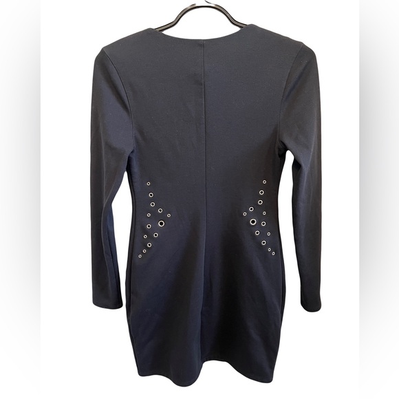 Express Black Bodycon Silver Grommet Deep V Neck Long Sleeve Mini Dress Size XS - Picture 4 of 8
